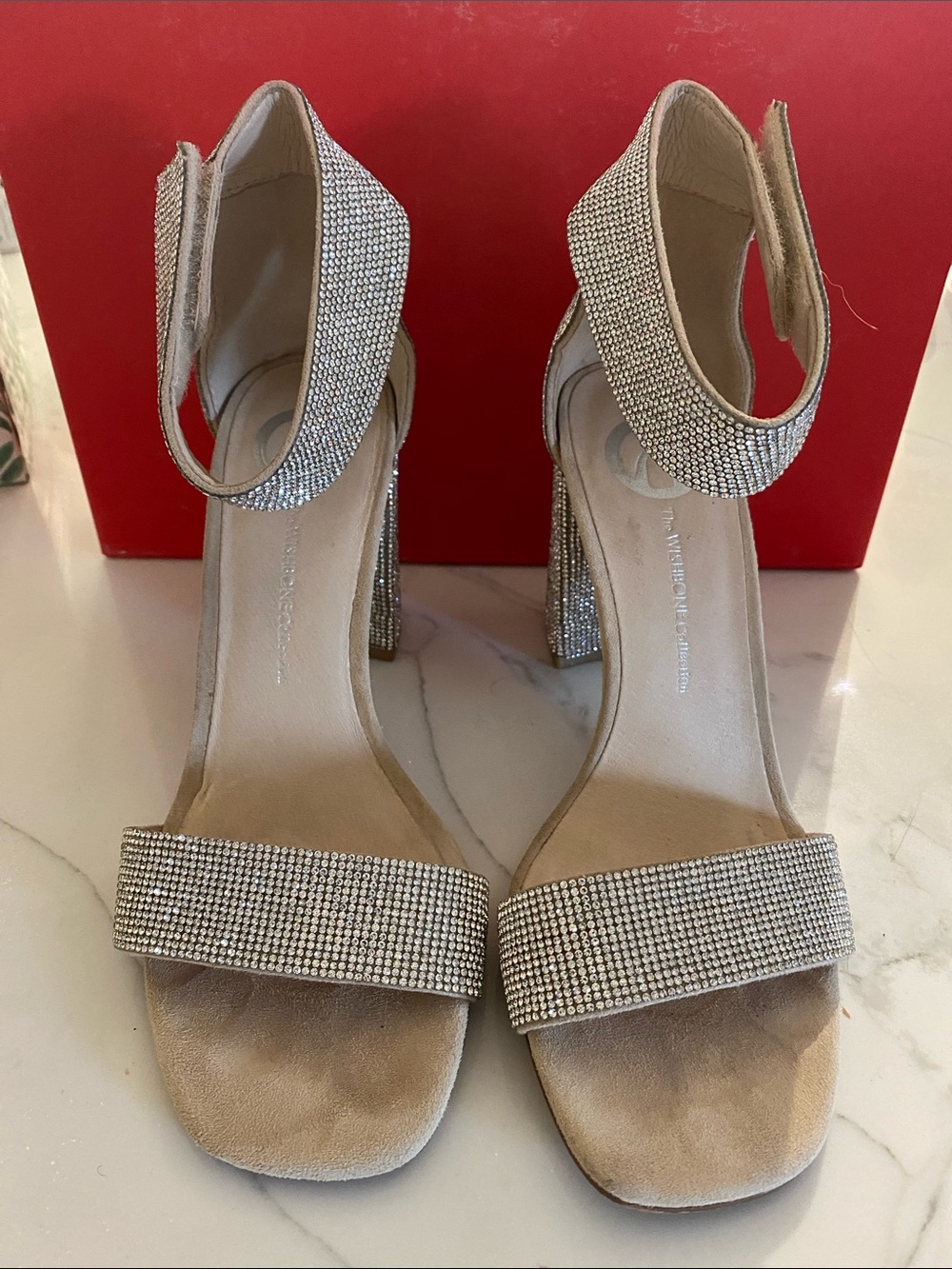 Crystal-Embellished Beige Ankle-Strap Heels